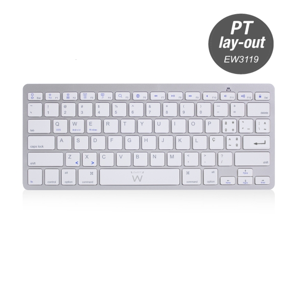 ewent teclado de viaje modo ahorro de energia bluetooth 3.0 disposicion portuguesa qwerty pt alcance hasta 10m color plata/blanco