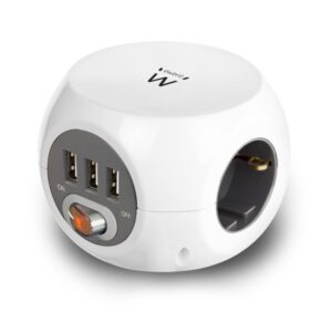 ewent regleta con 6 tomas de sobremesa 3x schuko 16a 3x usb a interruptor on/off cable de 1.5m forma de cubo color blanco/gris