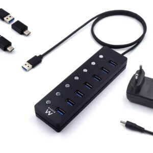 ewent hub usb 7 en 1 alimentacion externa interruptores individuales incluye adaptador usb c cable de 1.2m color negro