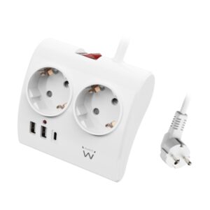 ewent regleta de 5 tomas de sobremesa 2x schuko 16a 2x usb a 1x usb c interruptor on/off cable de 1.5m color blanco