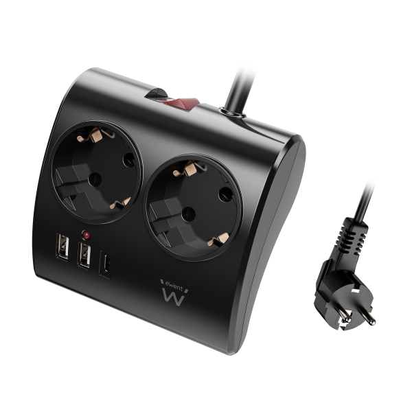 ewent regleta de 5 tomas de sobremesa 2x schuko 16a 2x usb a 1x usb c interruptor on/off cable de 1.5m color negro
