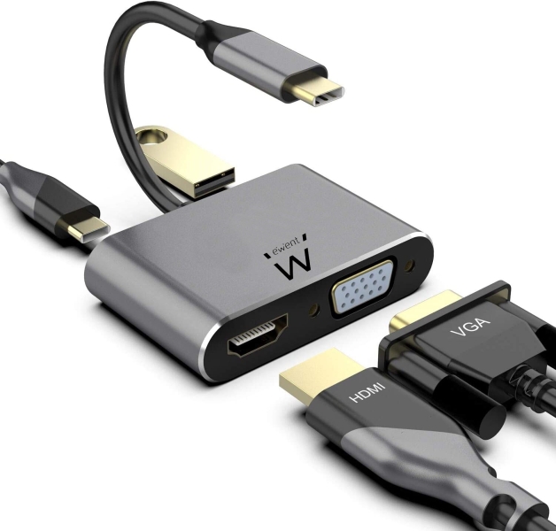 ewent hub 4 en 1 hdmi vga usb 3.2 gen1 usb c pd 60w color aluminio
