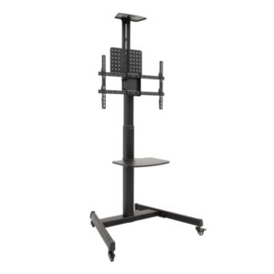 tooq cometa soporte de suelo para tv de 37 a 70" bandeja multiusos peso max. 50kg altura, inclinacion y rotacion ajustables ruedas color negro