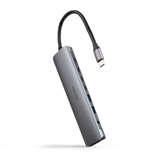 nanocable hub usb c 8 en 1 conversor usb c 3.1 a 2 x usb a 3.0 + 3 x usb c 3.0 + usb c pd 100w + hdmi 4k@60hz + audio jack 3.5 aluminio 18cm color gris