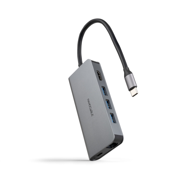 nanocable hub usb c 8 en 1 conversor usb c 3.1 a 3 x usb a 3.0 + usb c pd 100w + hdmi 4k@60hz + rj45 + tf + sd aluminio 18cm color gris