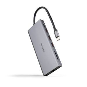 nanocable hub usb c 12 en 1 conversor usb c 3.1 a 3 x usb a 3.2 + 3 x usb c 3.2 + usb c pd 100w + 2 x hdmi 4k@60hz + dp 4k@60hz + rj45 + tf + sd + audio jack 3.5 aluminio 18cm color gris