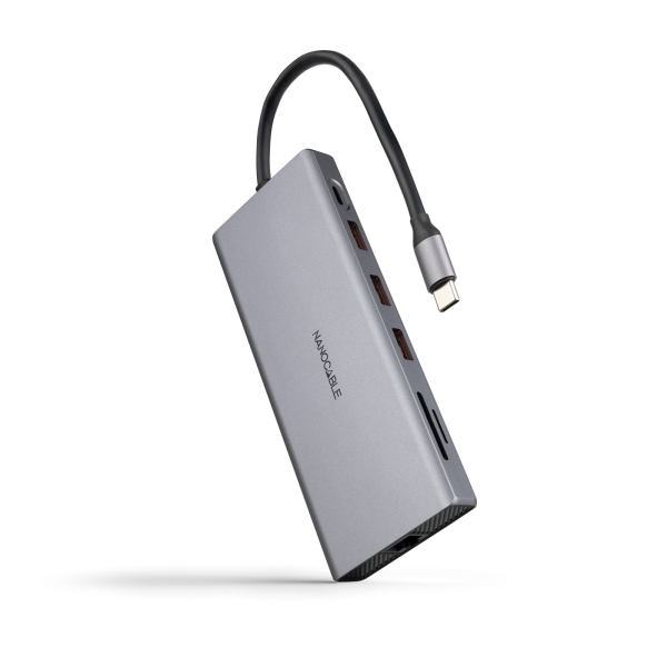 nanocable hub usb c 12 en 1 conversor usb c 3.1 a 3 x usb a 3.2 + 3 x usb c 3.2 + usb c pd 100w + 2 x hdmi 4k@60hz + dp 4k@60hz + rj45 + tf + sd + audio jack 3.5 aluminio 18cm color gris