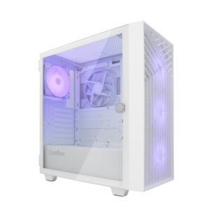 coolbox ga300 gridline caja torre atx, micro atx, mini itx lateral cristal templado tamaño hdd 2.5", 3.5" usb a 3.0, usb c y audio 3 ventiladores argb 120mm soporta refrigeracion liquida color blanco