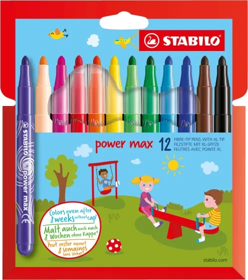 stabilo power max pack de 12 rotuladores de punta gruesa trazo 3mm tinta lavable no se seca colores surtidos