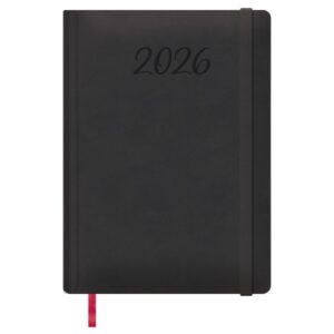 dohe manaos agenda anual dia pagina cubierta en polipiel cierre con goma elastica papel ahuesado sabado y domingo misma pagina tamaño 17x24cm color negro