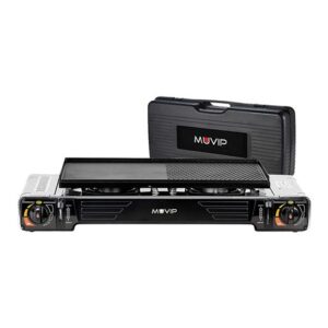 muvip cocina de gas portatil 2 fuegos doble bombona encendido automatico quemador de aluminio valvula de doble sellado proteccion contra sobretension plancha de asado + maleta de transporte