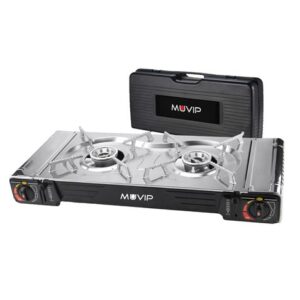 muvip cocina de gas portatil 2 fuegos doble bombona encendido automatico quemador de aluminio valvula de doble sellado proteccion contra sobretension maleta de transporte