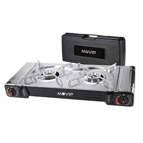 muvip cocina de gas portatil 2 fuegos doble bombona encendido automatico quemador de aluminio valvula de doble sellado proteccion contra sobretension maleta de transporte