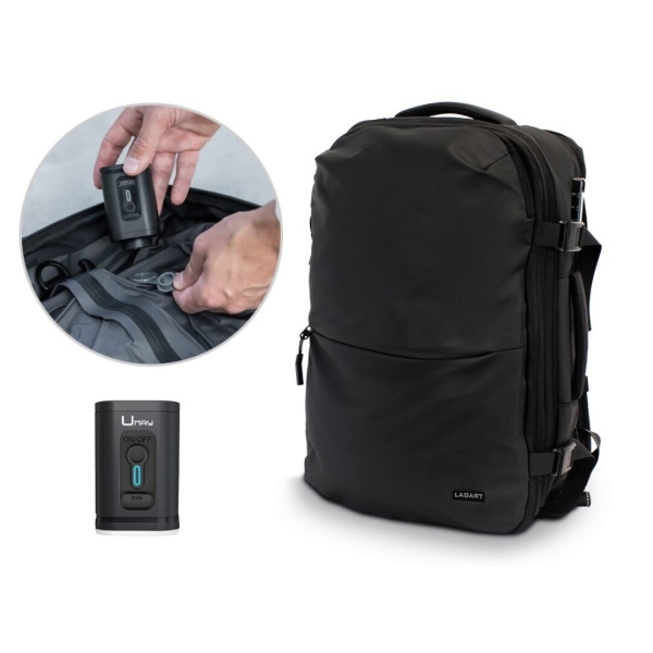 lagart mochila de viaje vacuum 20l extensible a 42l medidas 48x30x20cm vaciador de aire incluido bolsillo trasero anti robo cremallera lateral extensible para mayor capacidad cierre con candado tsa bolsillo lateral para botella color negro