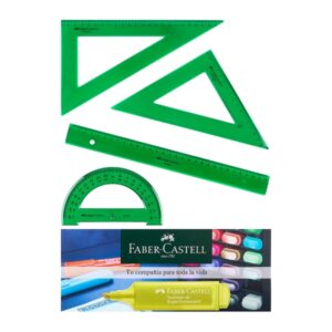 faber castell pack escolar de 4 reglas regla recta transportador escuadra cartabon color verde tranparente
