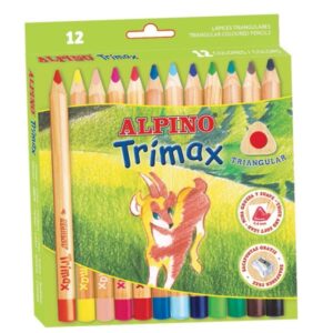alpino trimax pack de 12 lapices de colores triangulares gruesos + sacapuntas mina de 5.4mm resistente al agua bandeja extraible colores surtidos