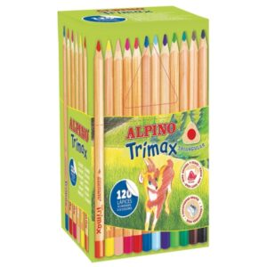 alpino trimax economy pack de 120 lapices de colores triangulares gruesos + 2 sacapuntas mina de 5.4mm resistente al agua bandeja extraible colores surtidos