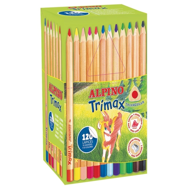 alpino trimax economy pack de 120 lapices de colores triangulares gruesos + 2 sacapuntas mina de 5.4mm resistente al agua bandeja extraible colores surtidos