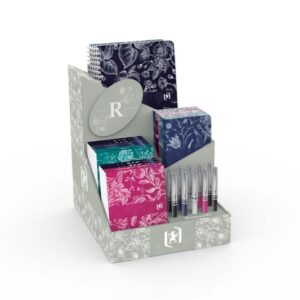 oxford romance expositor con 10 blocs grapados a6, 10 libreta grapadas a6, 5 cuadernos espiral a5 y 10 boligrafos