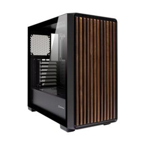 unykach revelat madeira black caja atx, micro atx, itx lateral de vidrio templado y frontal con listones de madera natural 3.5", 2.5" usb a 3.0, usb c y audio soporta refrigeracion liquida color negro
