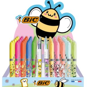 bic kawaii pack de 144uds + expositor con capacidad para 60uds incluye 120 marcadores fluorescentes highlighter grip en colores surtidos, 12 boligrafos bic 4 colours fun y 12 boligrafos bic 4 colours diseños kawaii
