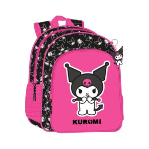 safta kuromi mochila infantil adaptable a carro asa de mano bolsillos laterales 33x42x14cm color fucsia/negro