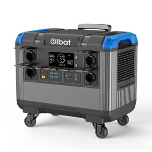 elbat generador de energia portatil 3000w bateria de litio 840.000mah display led funcion bms admite carga con panel solar incluye adaptador ac y cargador de coche ruedas y asa de transporte puertos usb y tipo c color negro