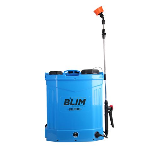 blim sulfatadora de espalda a bateria 12v 20l doble bomba rango de presion 0 0.65mpa tanque ergonomico asa superior regulador de potencia lanza inoxidable color azul