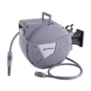 sungarden sg0165 manguera 20 metros recogedor automatico con guia funcion de retraccion lenta soporte para instalacion en pared giro 180 color gris