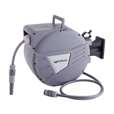 sungarden sg0165 manguera 20 metros recogedor automatico con guia funcion de retraccion lenta soporte para instalacion en pared giro 180 color gris