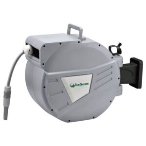 sungarden sg0166 manguera 30 metros recogedor automatico con guia funcion de retraccion lenta soporte para instalacion en pared giro 180 color gris