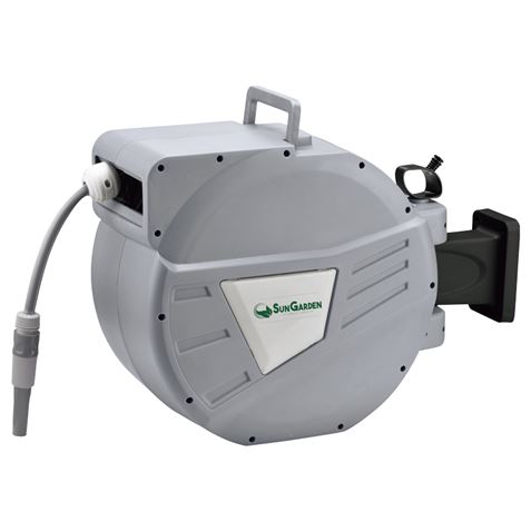 sungarden sg0166 manguera 30 metros recogedor automatico con guia funcion de retraccion lenta soporte para instalacion en pared giro 180 color gris