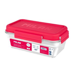 milan coleccion nata 624 fiambrera hermetica de tritan rectangular 1.2l apta para microondas, lavavajillas y congelador libre de bpa medidas 23x12,5x9,2cm color transparente/rosa