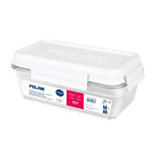milan coleccion nata 624 fiambrera hermetica de tritan rectangular 1.2l apta para microondas, lavavajillas y congelador libre de bpa medidas 23x12,5x9,2cm color transparente/blanco