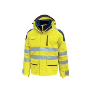 upower backer parka impermeable y transpirable talla xl detalles reflectantes, multiples bolsillos funcionales, capucha desmontable, proteccion dpi3, micro fleece en cuello color amarillo fluorescente