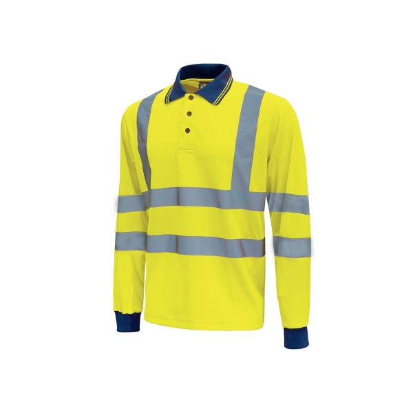 upower shine polo de manga larga con detalles reflectantes talla l cuello cerrado tres botones, ventilaciones laterales, banda para el sudor, proteccion dpi3, alta durabilidad color amarillo fluorescente