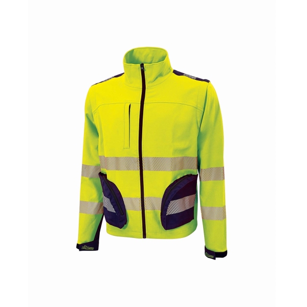 upower bea cazadora de trabajo alta visibilidad talla 4xl mangas separables, chaleco convertible, multiples bolsillos funcionales, bandas reflectantes termoselladas, ajuste con velcro, proteccion dpi2 color amarillo fluorescente
