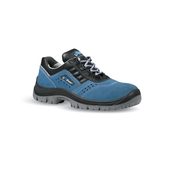 upower boss l calzado de seguridad bajos talla 35 empeine gamuza perforado, puntal y lamina de acero, suela antideslizante pu/pu, proteccion s1p fo sr color azul