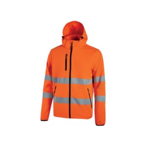 upower cursa chaqueta de trabajo softshell talla 2xl transpirable, cortavientos, repelente al agua, bandas reflectantes, capucha desmontable, multiples bolsillos, puños elasticos color naranja fluorescente
