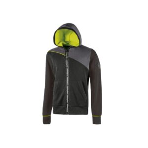 upower jupiter sudadera de trabajo talla s cierre de cremallera impermeable, capucha ajustable, bolsillos practicos, piping fluo elastico, proteccion dpi1 color negro carbon