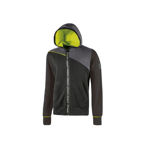 upower jupiter sudadera de trabajo talla s cierre de cremallera impermeable, capucha ajustable, bolsillos practicos, piping fluo elastico, proteccion dpi1 color negro carbon