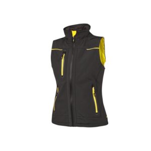 upower universe lady chaleco softshell impermeable talla l transpirable y resistente al viento, forro micropolar, cremallera impermeable, bolsillo free sound, detalles reflectantes, proteccion dpi1 color negro carbon