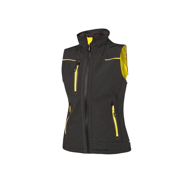 upower universe lady chaleco softshell impermeable talla xs transpirable, resistente al viento, forro micropolar, cremallera impermeable, bolsillo free sound, detalles reflectantes, proteccion dpi1 color negro carbon