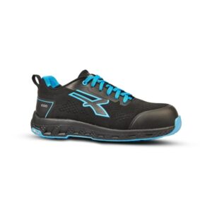 upower deon esd calzado de seguridad bajo talla 42 corte u knit elastico, puntera fibertoe, plantilla antiperforacion ultraligera, suela eva, proteccion s1ps hi hro fo sr color negro/azul