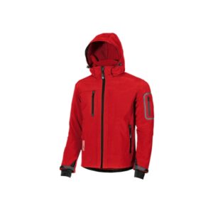 upower metropolis soft shell de trabajo talla 4xl tejido elastico cortavientos, transpirable, resistente al agua, multiples bolsillos funcionales, capucha desmontable, proteccion dpi1 color rojo magma
