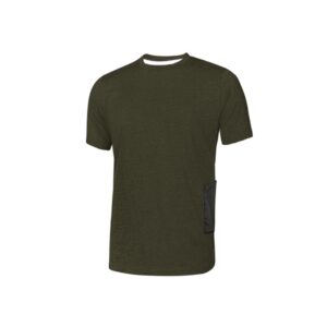 upower road camiseta de manga corta en polycotton jersey talla 4xl slim fit, cuello acanalado elastico, bolsillo para celular, cinta reflex, proteccion dpi1 color verde oscuro