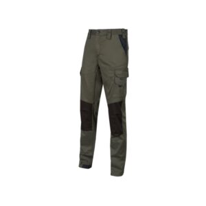 upower majo pantalon de trabajo talla xl algodon elastico, diseño slim fit, multiples bolsillos, proteccion lumbar, detalles reforzados, cinta reflectante, correa porta martillo color verde oscuro