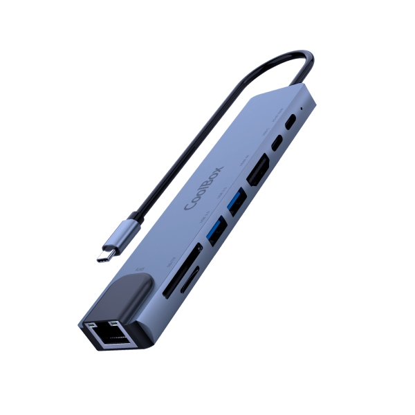 coolbox minidock c81 usb c 1x hdmi 4k, 2x usb 3.2 gen1, 1x usb c pd, 1x usb c, 1x sd, 1xmicrosd/tf, 1x rj45 10/100/1000 compatible con pc, mac y consolas aluminio color gris
