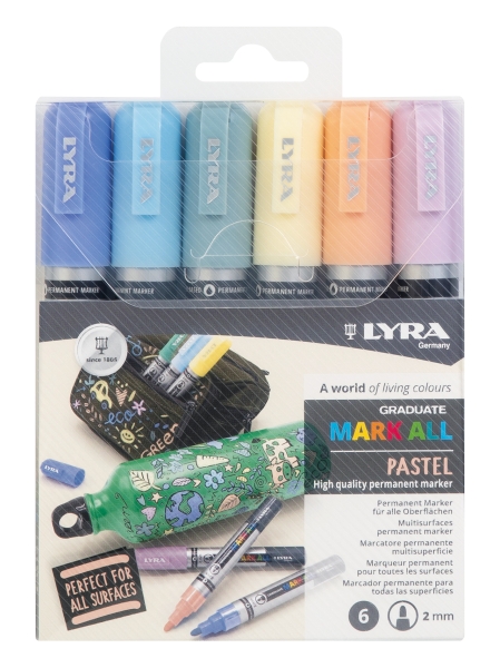 lyra mark all pack de 6 rotuladores permanentes multisuperficie punta redonda 2mm colores pastel