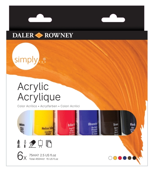 daler rowney simply pack de 6 pinturas acrilicas tubos de plastico 75ml colores surtidos